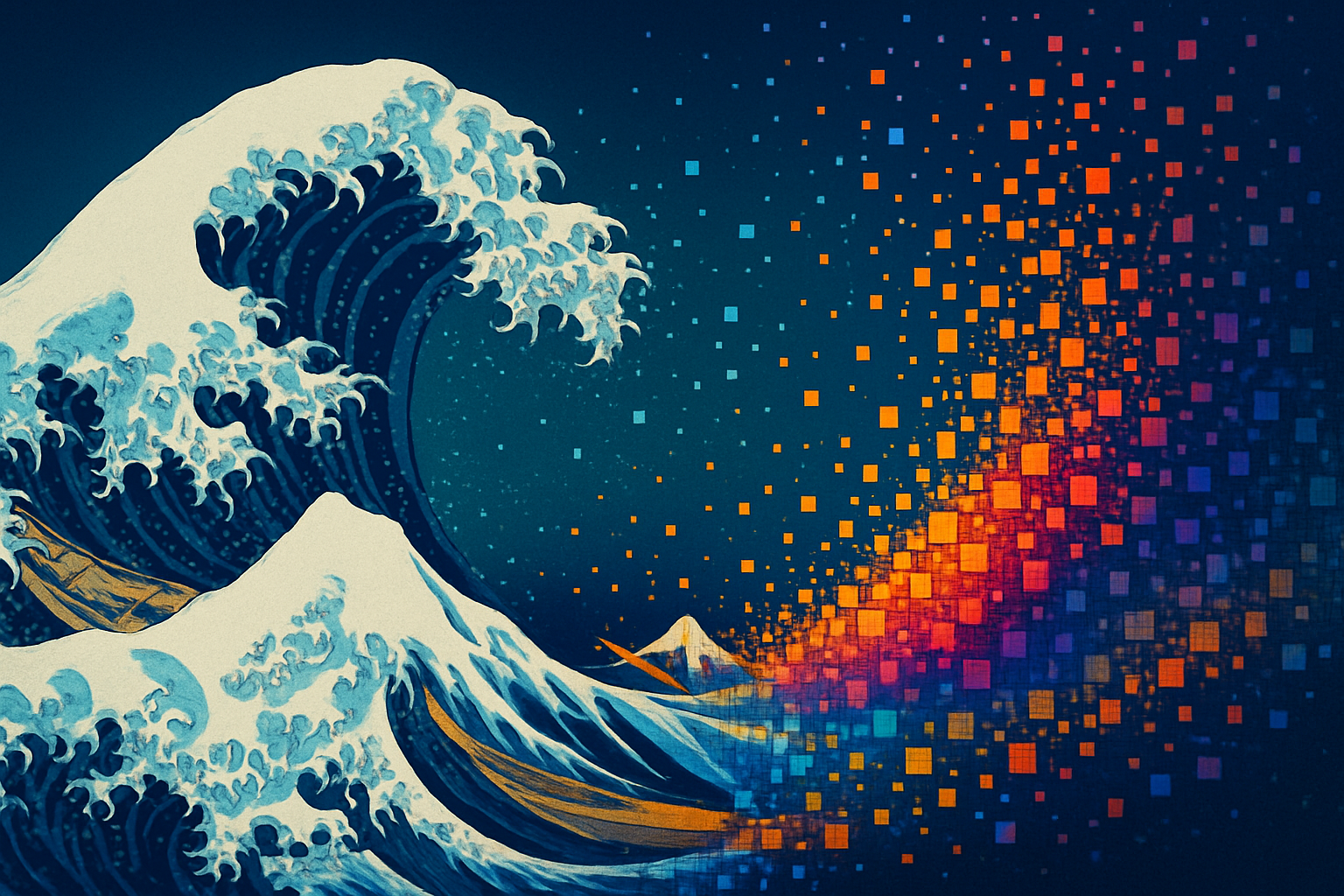 Digital wave art blending traditional Japanese wave aesthetics with modern pixel art elements